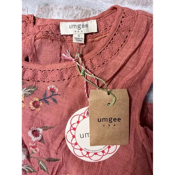 Umgee Womens Embroidered Cold Shoulder Blouse Rust Terracotta Boho Top New - Picture 2 of 5